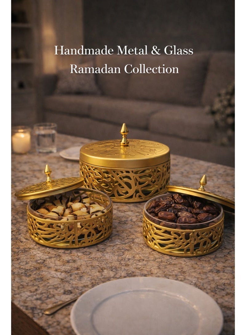 OLUDENIZ 3-Piece Luxury Arabic Calligraphy Dates Bowl Set – Gold Metal & Glass – Premium Ramadan Serving Collection - Image 5